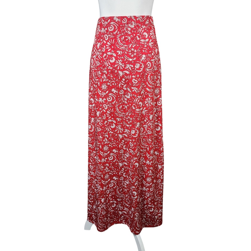 CeCe Maxi Skirt Womens Small Red White Floral Elastic Waist Knit Casual Office